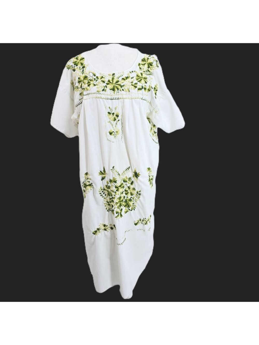 VTG 80s 90s Off Whte Green Embroidered Floral House Lounge Dress Women Size M/L